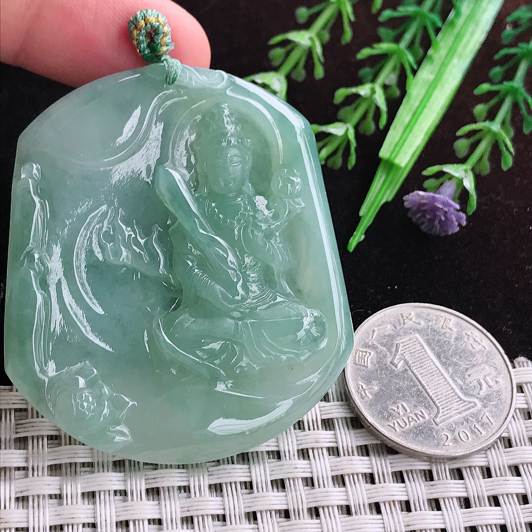 实拍A货翡翠53.2/46.5/5.8老坑冰润起胶晴底虚空藏菩萨吊坠翡翠玉坠