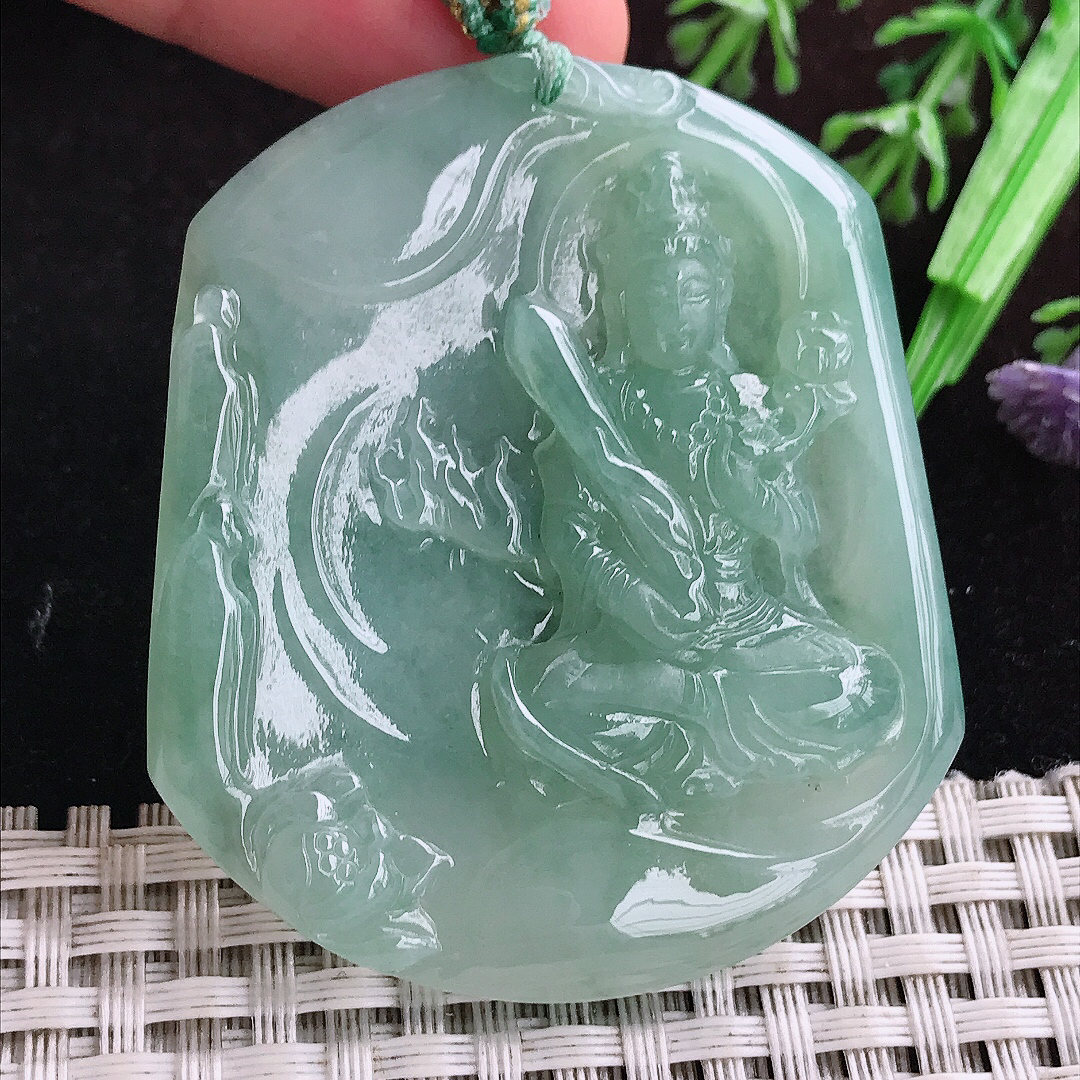 实拍A货翡翠53.2/46.5/5.8老坑冰润起胶晴底虚空藏菩萨吊坠翡翠玉坠