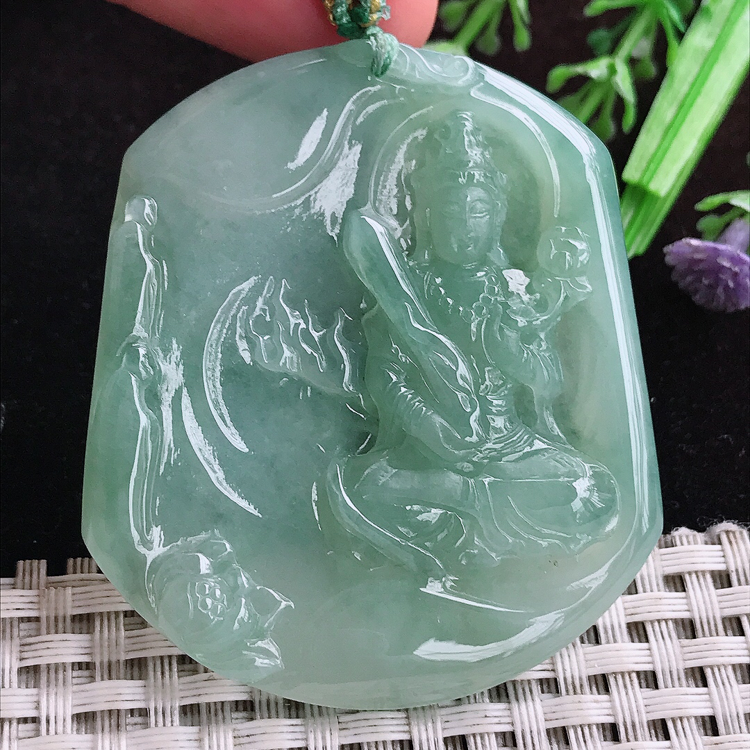 实拍A货翡翠53.2/46.5/5.8老坑冰润起胶晴底虚空藏菩萨吊坠翡翠玉坠