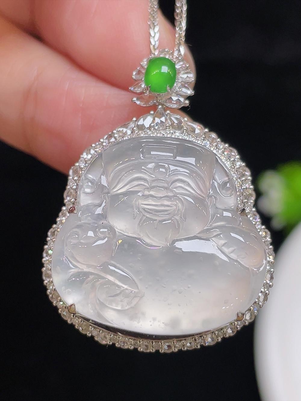 ️【冰种飘花，财神爷】大件饱满，通透水润，玉质细腻，翠色鲜艳，18k金奢华钻石镶嵌️，21.5-