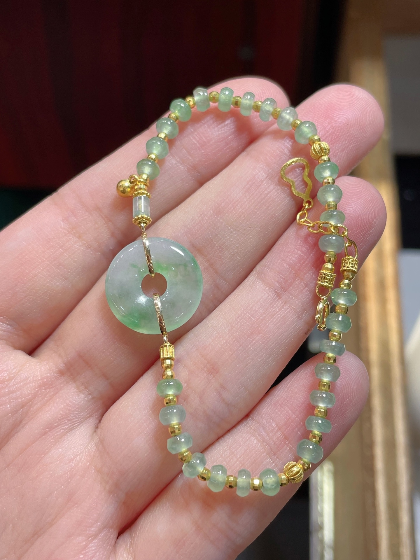 缅甸天然翡翠平安扣手链，含18K配件，工艺精湛，15-2.8