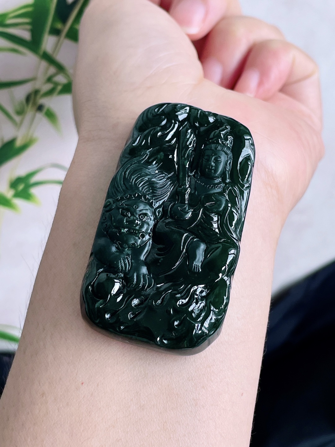 墨翠文殊菩萨牌吊坠,性比高