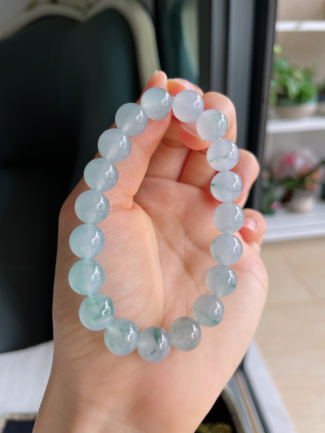 ️，缅甸天然翡翠A货，冰飘花手串，尺寸：10mm。【编4365】