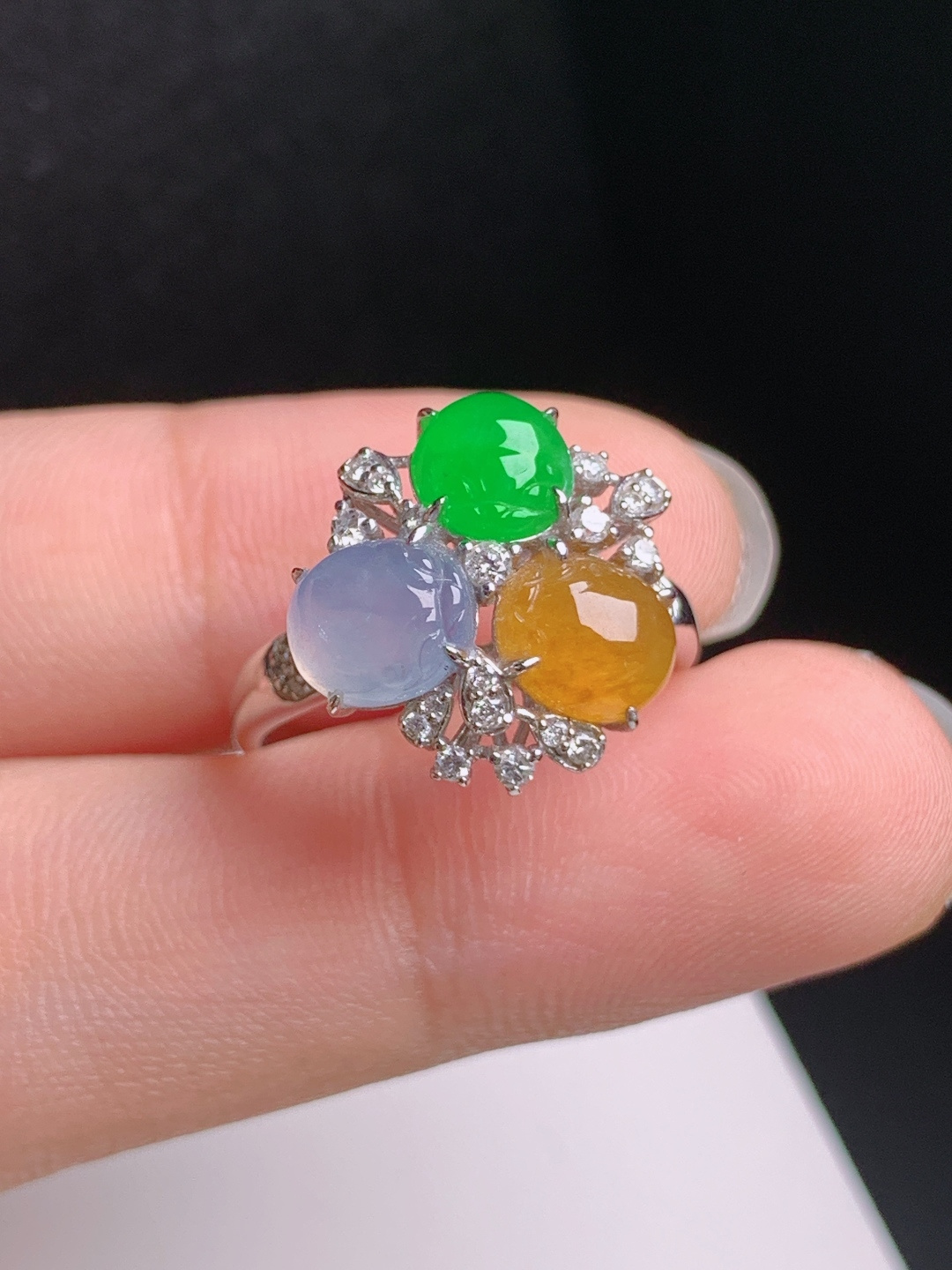 三彩金蟾戒指，三色出彩，冰透起光，富贵吉祥，裸石6.7-5.8-3.6，圈口14