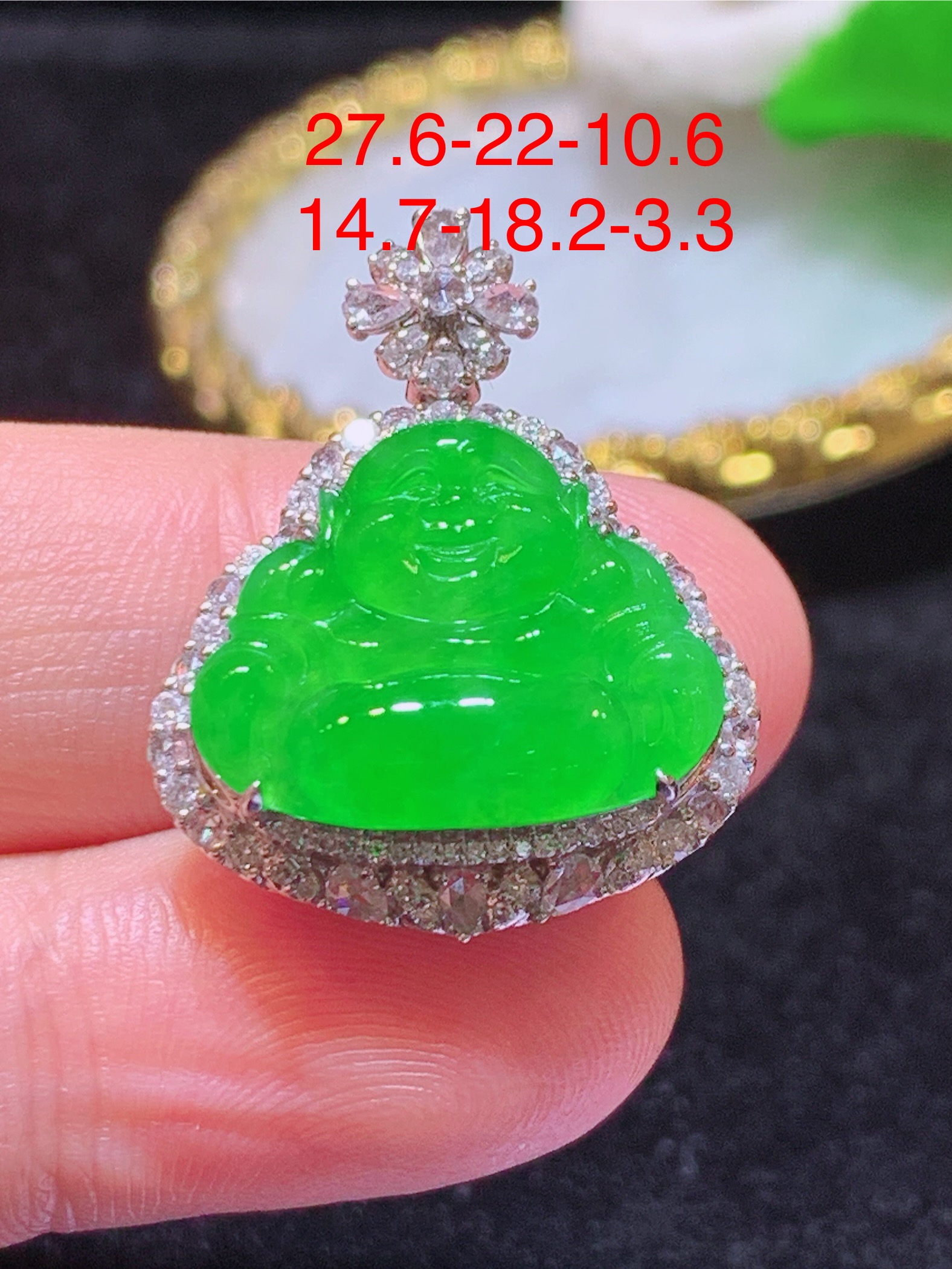 翡翠A货 满绿佛公吊坠,18k金镶嵌，冰润细腻，佩戴效果出众，27.6-22-10.6