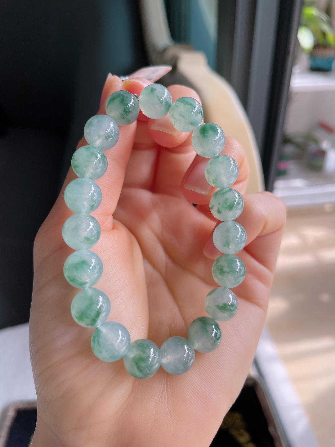 ️，缅甸天然翡翠A货，冰飘花手串，尺寸：10mm。【编3720】