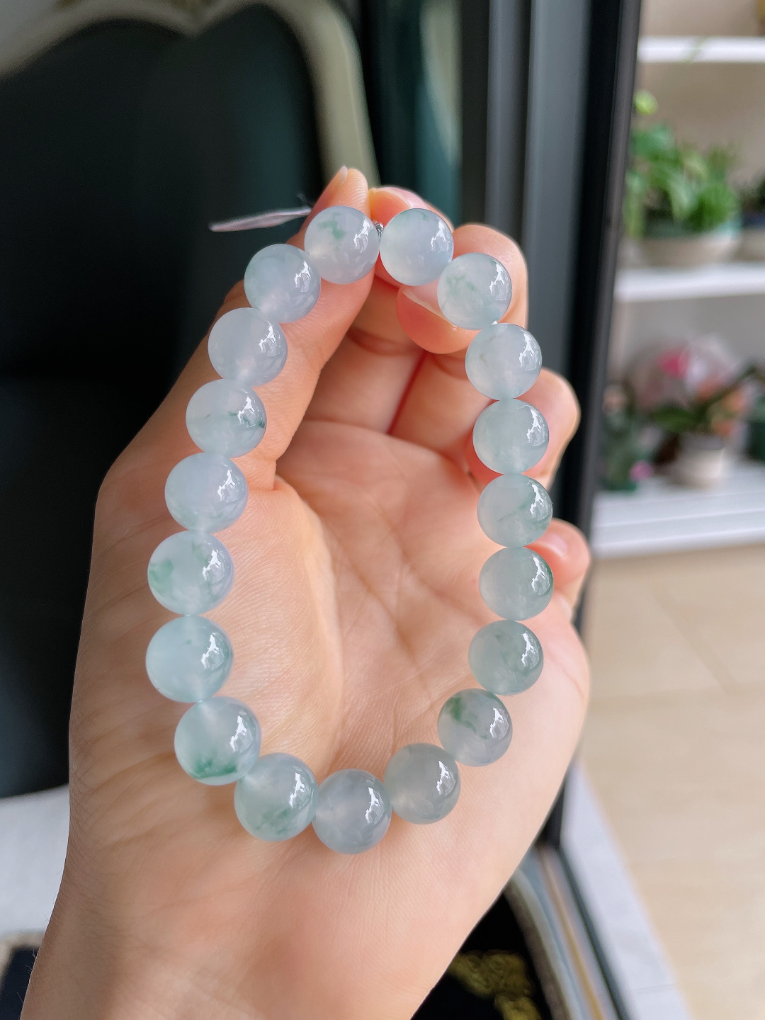 ️，缅甸天然翡翠A货，冰飘花手串，尺寸：10mm。【编4365】