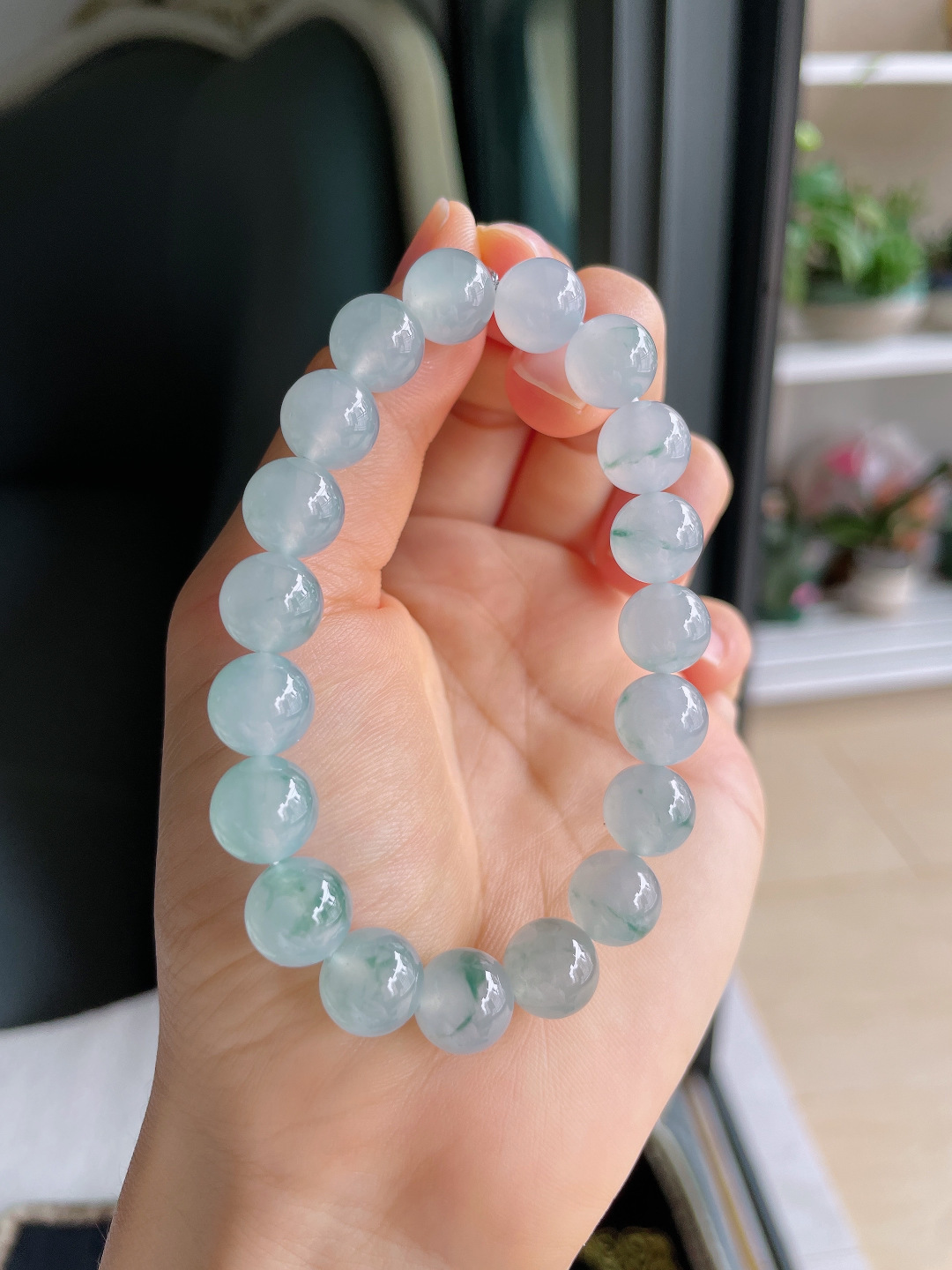 ️，缅甸天然翡翠A货，冰飘花手串，尺寸：10mm。【编4365】