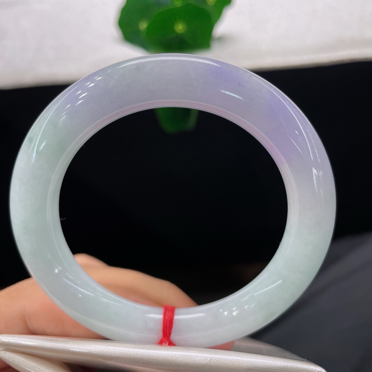 翡翠手镯 圈口53.2/10.2/，春彩圆条，53/54可戴，翠染玉身，紫落环间，一镯揽风月，无裂