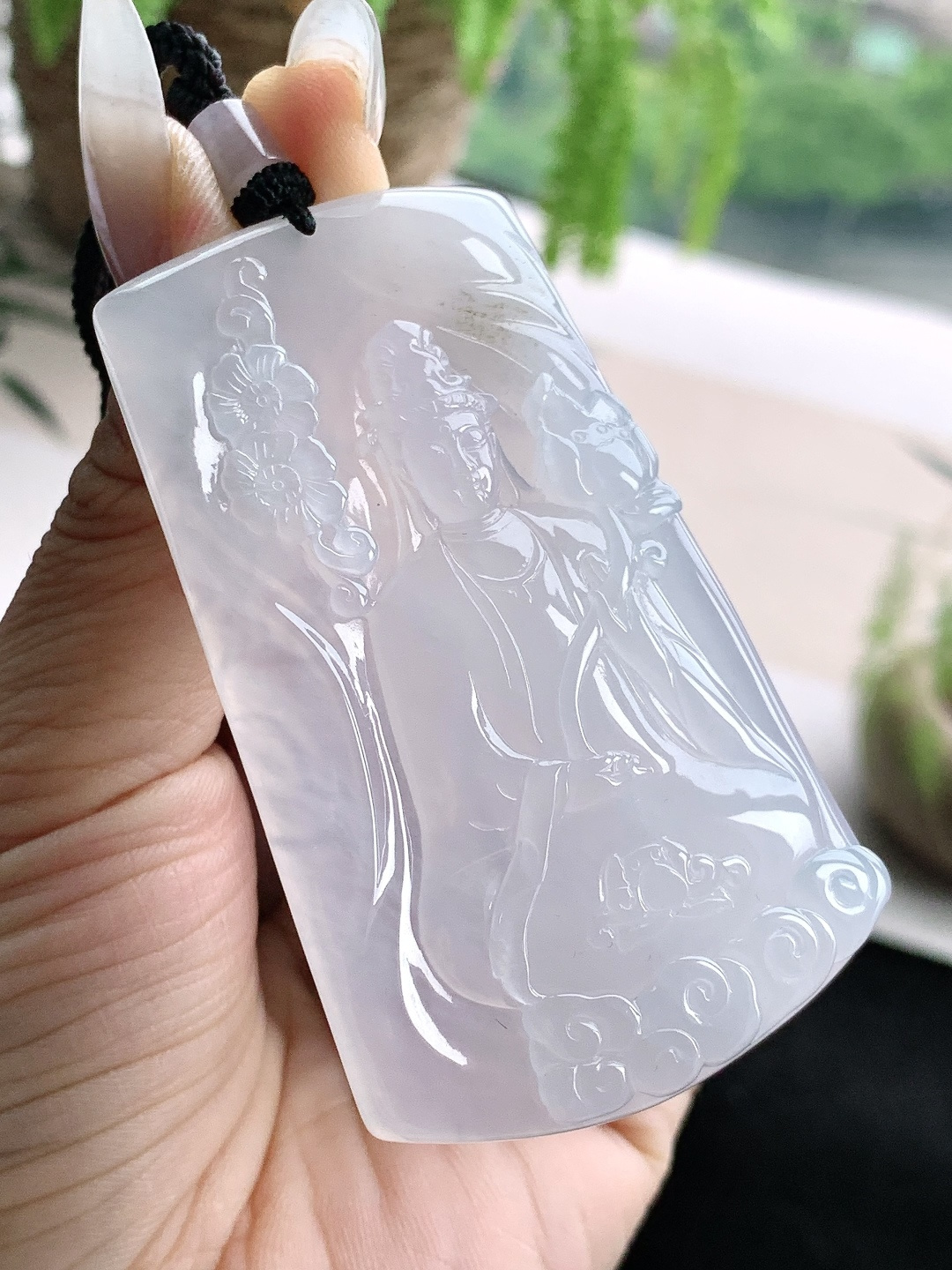 冰白冰大势至菩萨持莲观音牌吊坠，缅料，性比高，厚装，尺寸67.8-40.6-7.1，重量43克