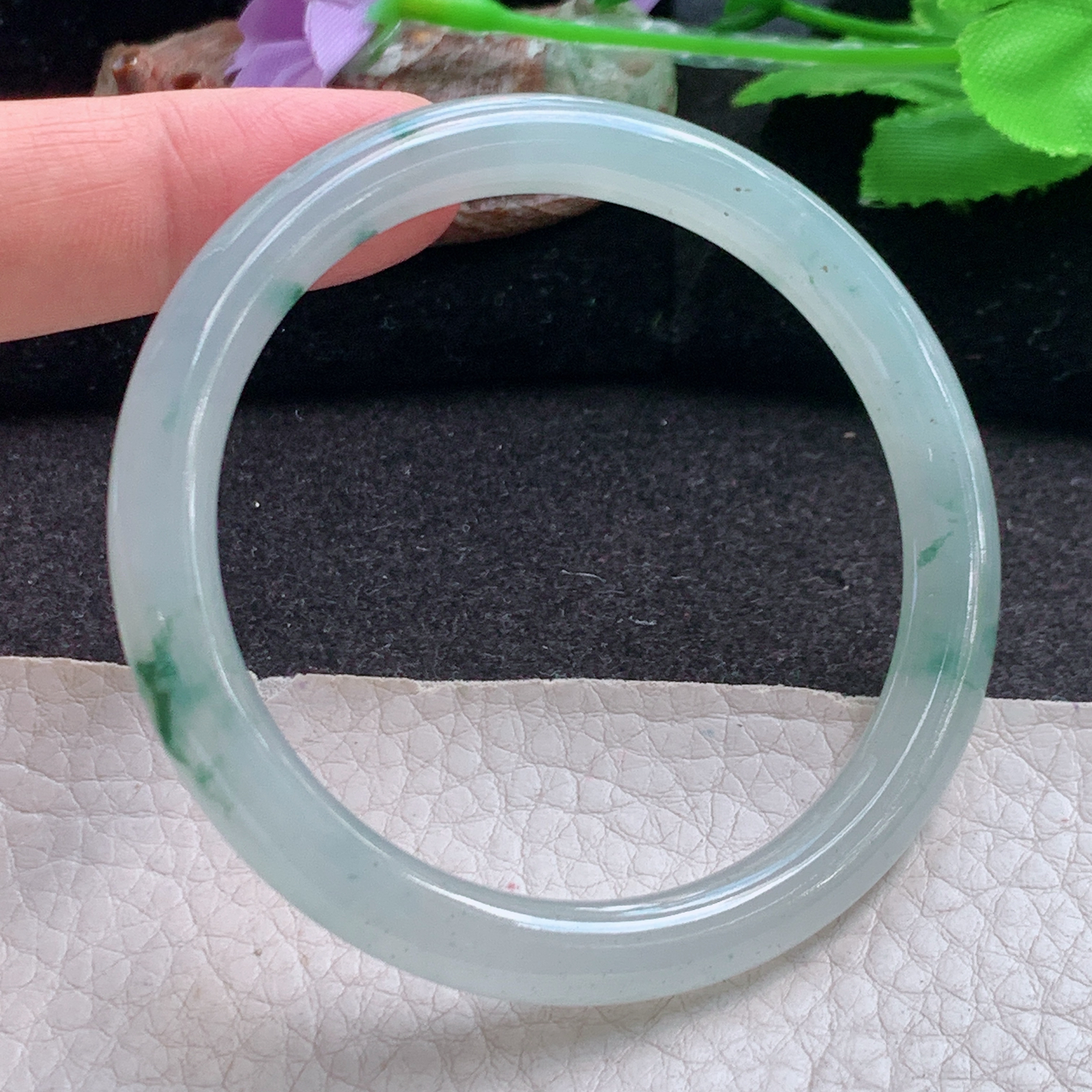 r自然光53.5*6.8*7.3叮当镯 缅甸翡翠a货玉手镯高品质冰飘花圆条玉手环