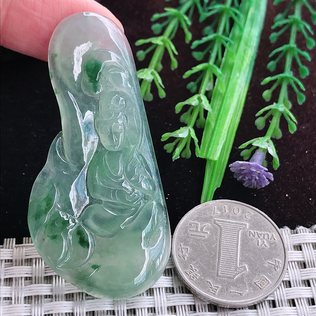 实拍A货翡翠59.4/28.3/4.5老坑冰种果冻冰晴绿赐福观音吊坠翡翠玉坠