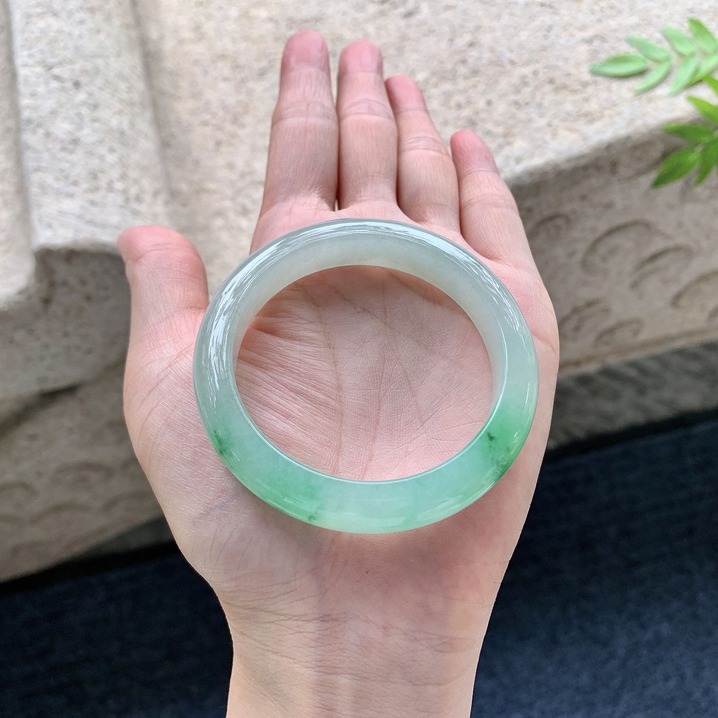 正圈49 50，圈口50.1/10/7.7，编码A1083170，糯冰飘绿，水润，种老，细腻，有纹线
