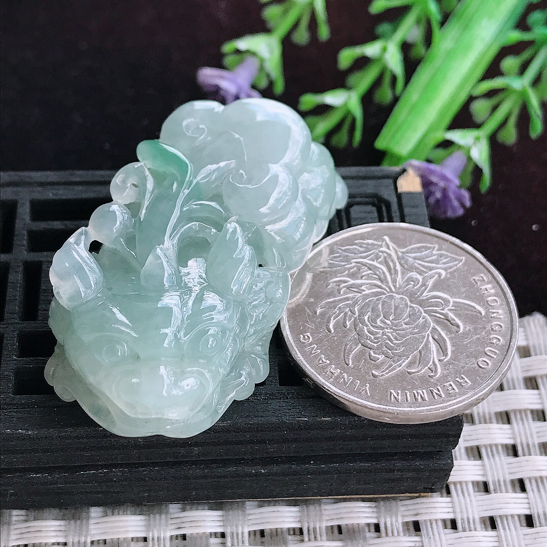 实拍A货翡翠42.8/22/12.8老坑冰润起胶晴底招财貔貅吊坠翡翠玉坠