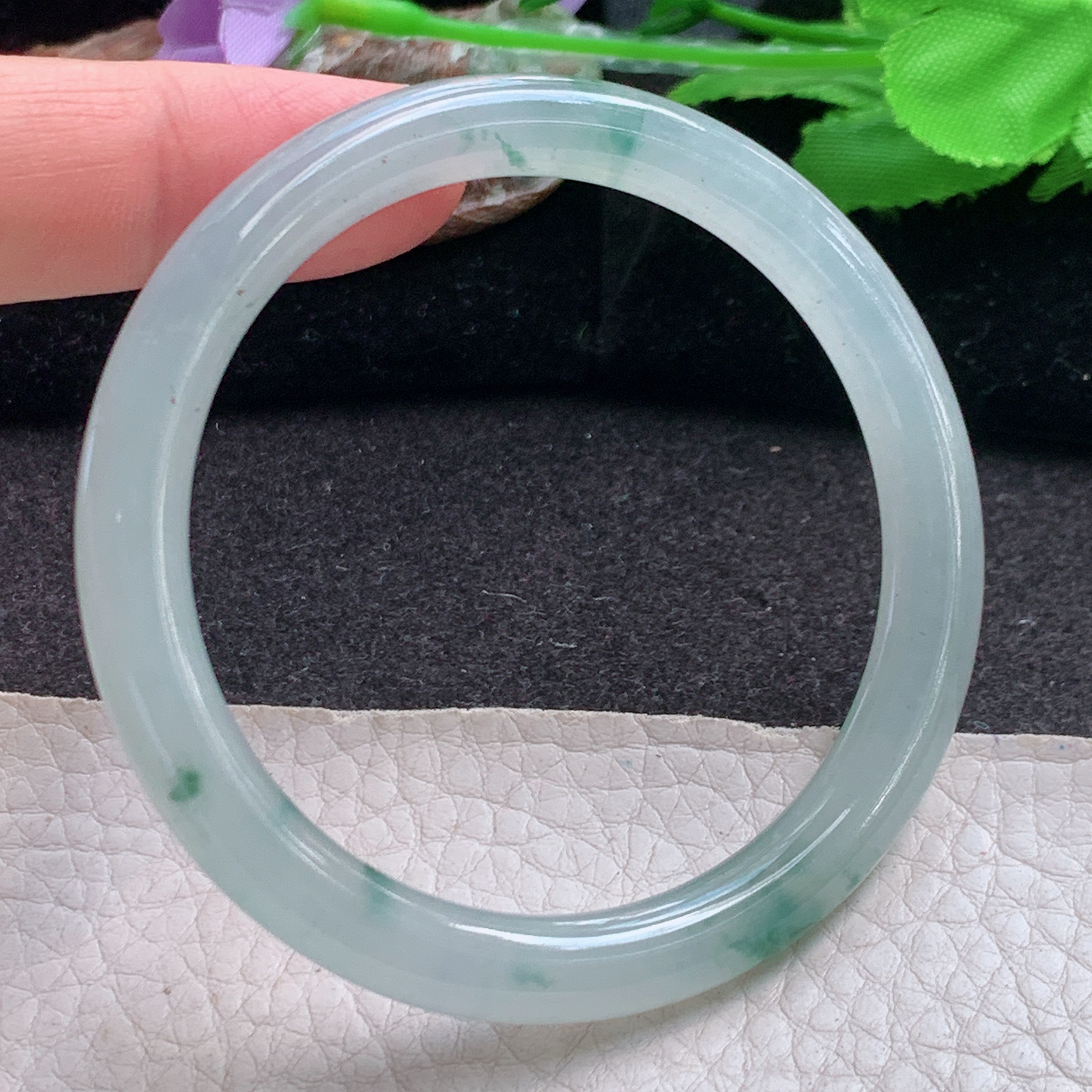 r自然光53.5*6.8*7.3叮当镯 缅甸翡翠a货玉手镯高品质冰飘花圆条玉手环