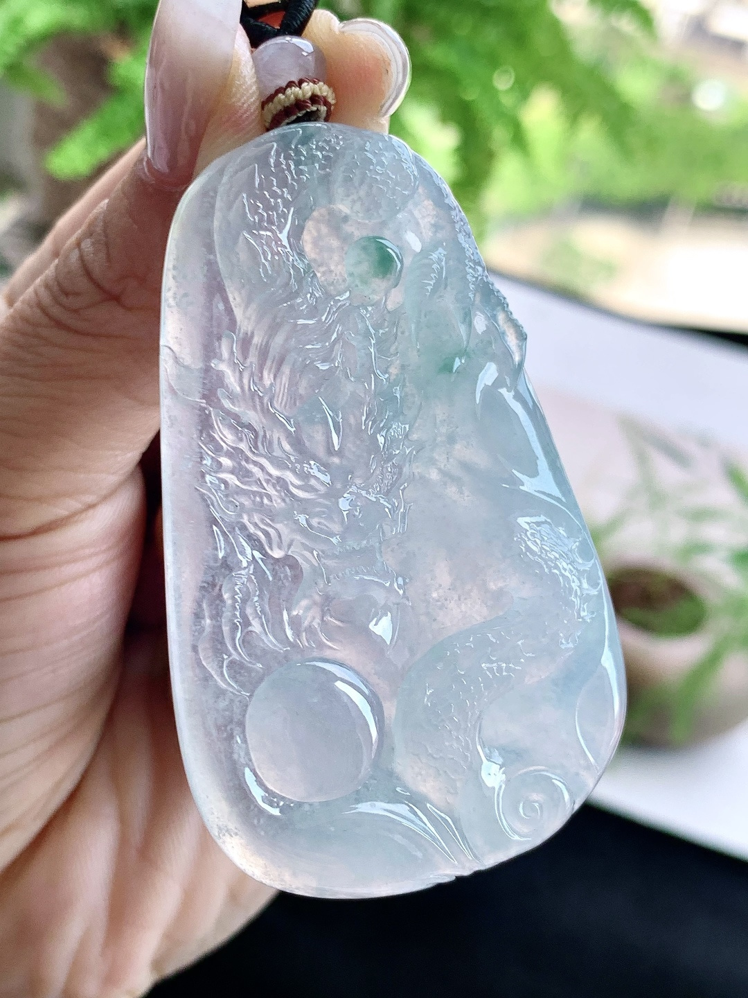 裸石冰种飘花龙牌大龙牌吊坠，性比高，厚装，尺寸65-40-6.8，重量39.5克