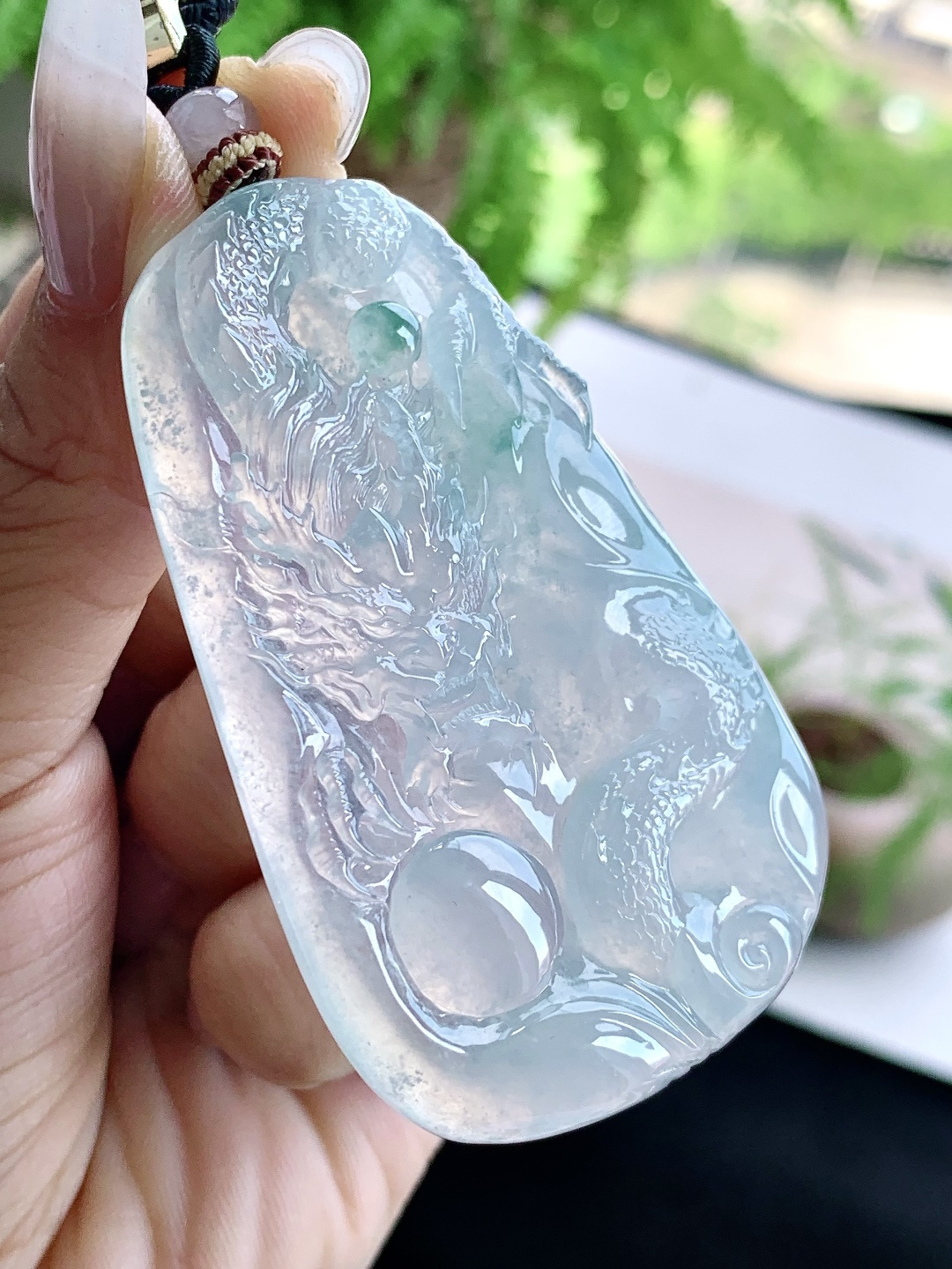 裸石冰种飘花龙牌大龙牌吊坠，性比高，厚装，尺寸65-40-6.8，重量39.5克