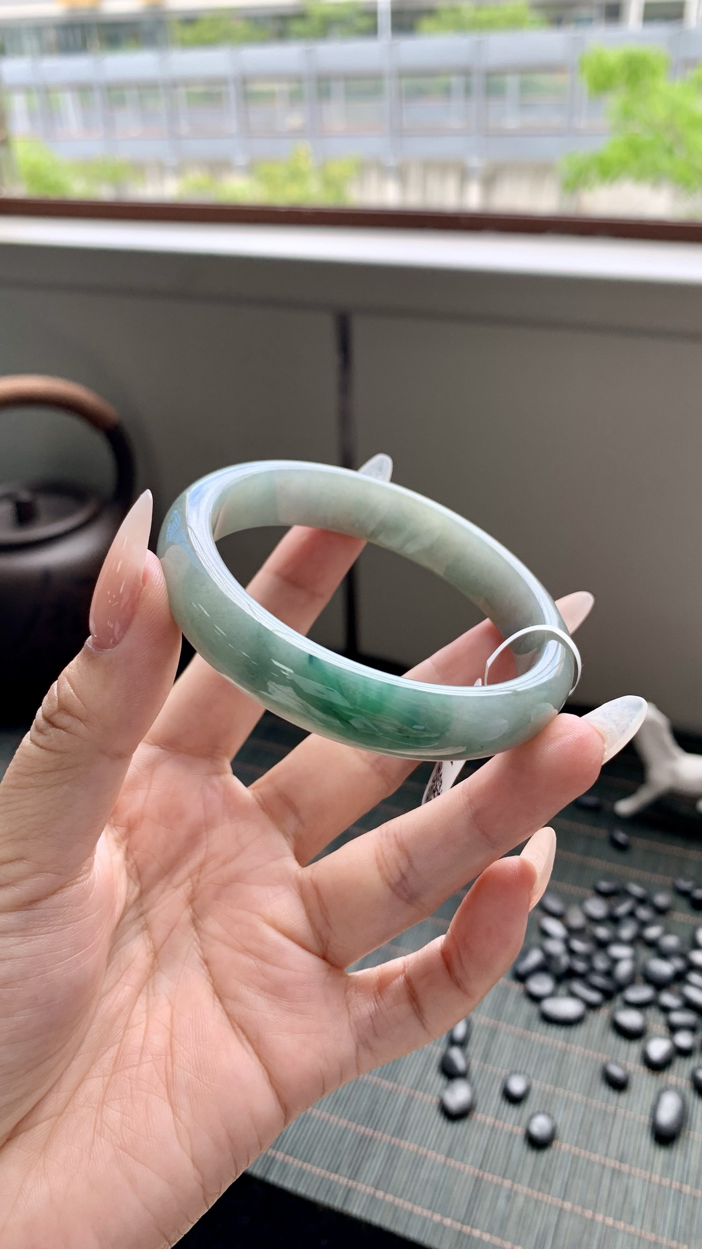 湖水绿飘花正圈成品 HY-7184 尺寸：56.5-12-7.5