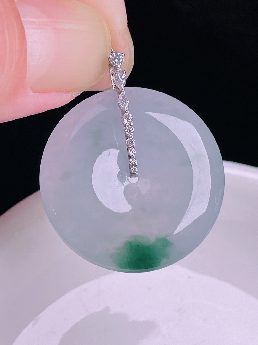 飘花平安扣，18k镶嵌，老种起光，细底通透，尺寸：33裸石28/5mm0902