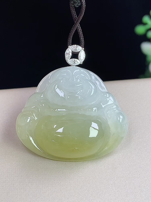 18k金镶冰飘黄翡佛公，无裂，尺寸22.2-26-7.0mm，J02yja