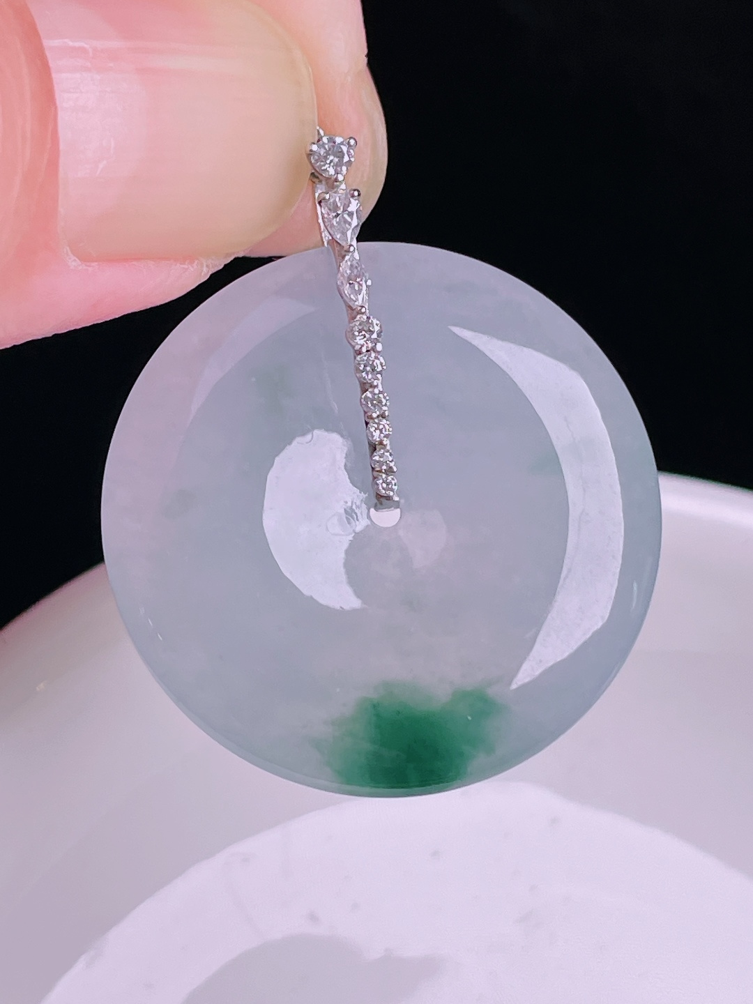 飘花平安扣，18k镶嵌，老种起光，细底通透，尺寸：33裸石28/5mm0902
