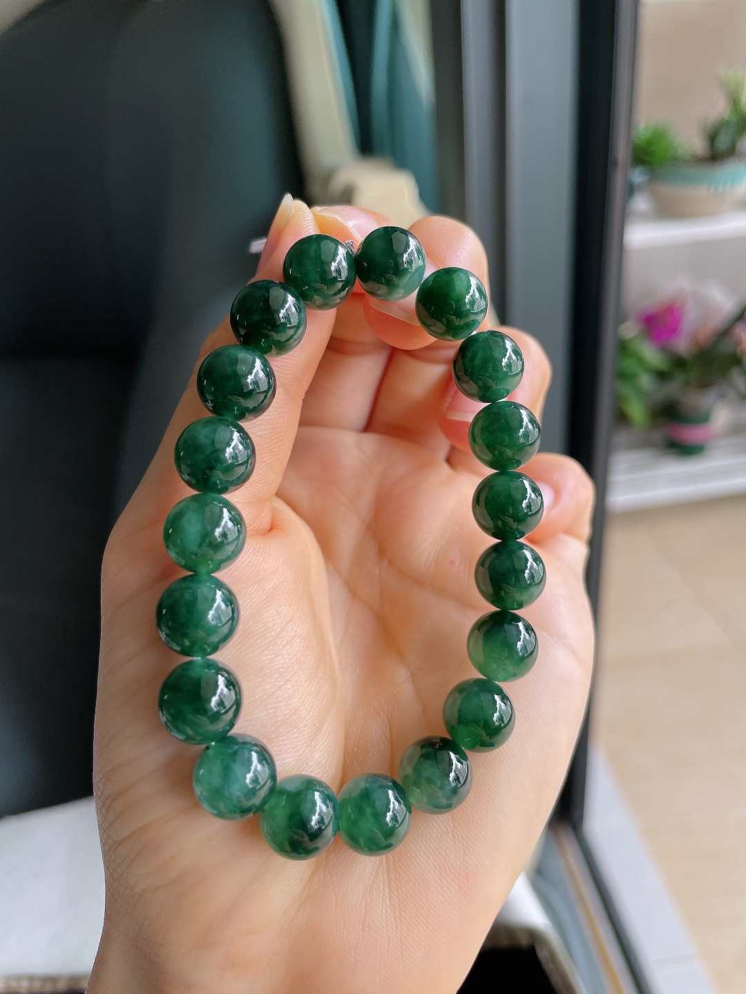 缅甸天然翡翠A货，冰飘花手链，尺寸：10mm。【编4193】