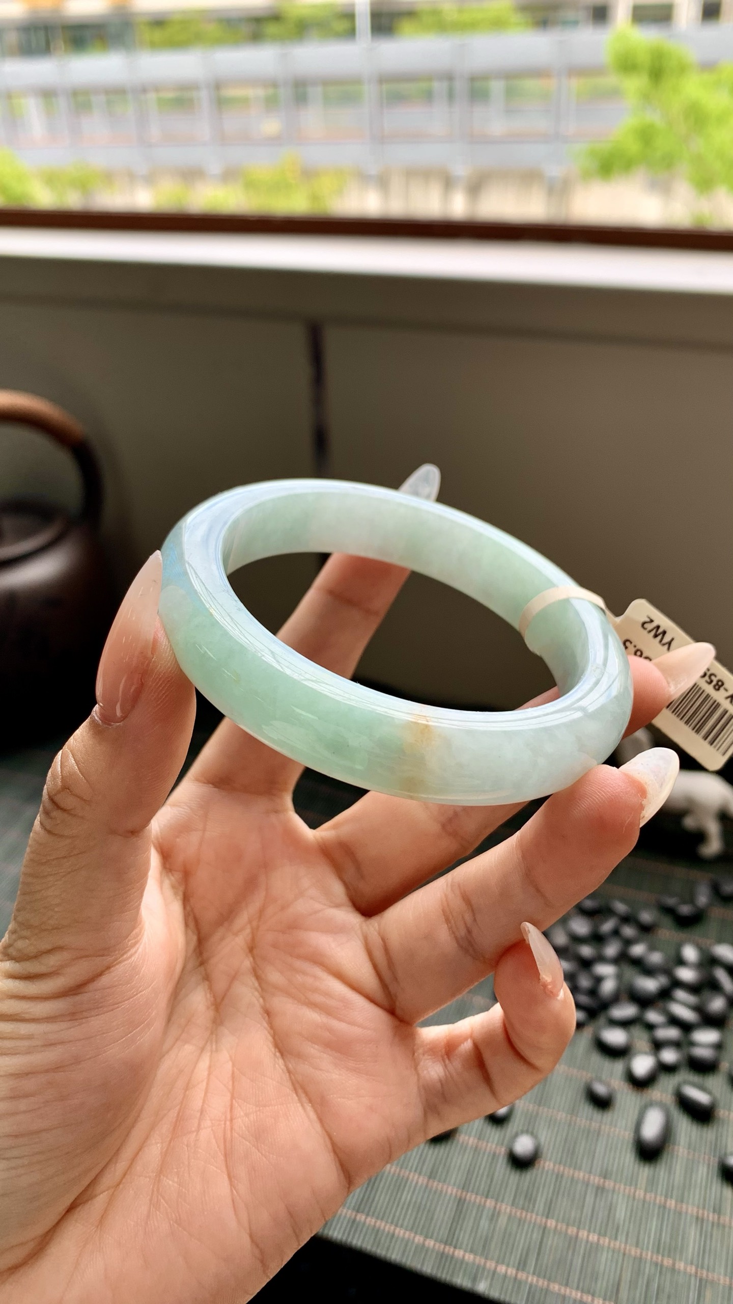 淡果绿洒金正圈成品,HYY-8592,尺寸：56.5-12-9