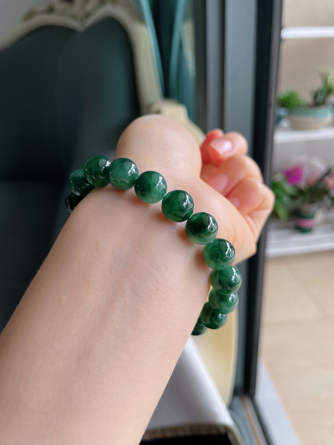 缅甸天然翡翠A货，冰飘花手链，尺寸：10mm。【编4193】