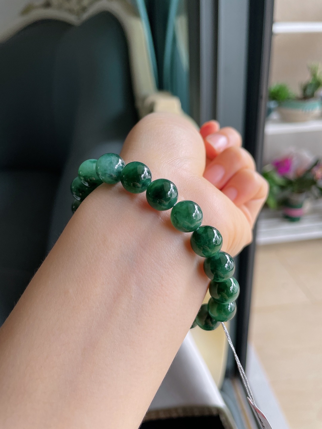 缅甸天然翡翠A货，冰飘花手链，尺寸：10mm。【编4193】