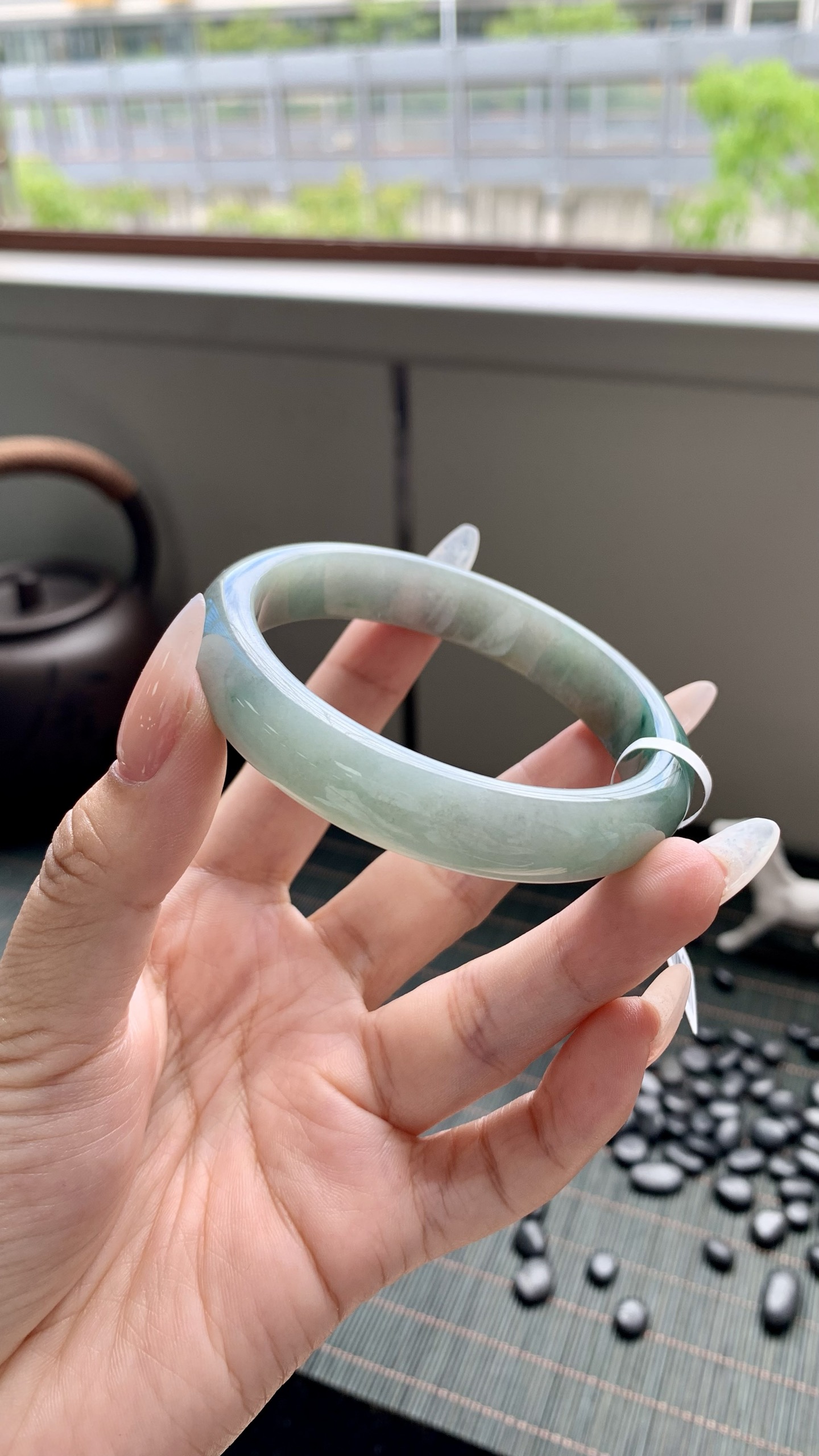 湖水绿飘花正圈成品 HY-7184 尺寸：56.5-12-7.5