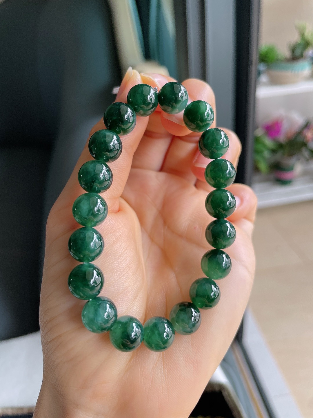 缅甸天然翡翠A货，冰飘花手链，尺寸：10mm。【编4193】