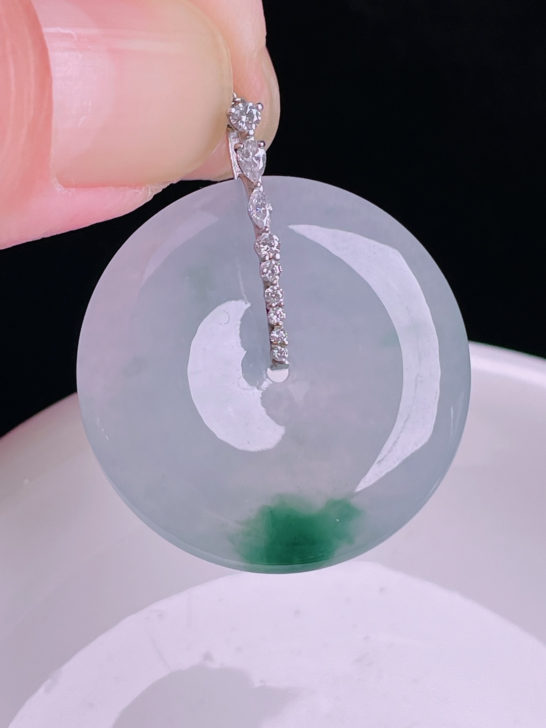 飘花平安扣，18k镶嵌，老种起光，细底通透，尺寸：33裸石28/5mm0902