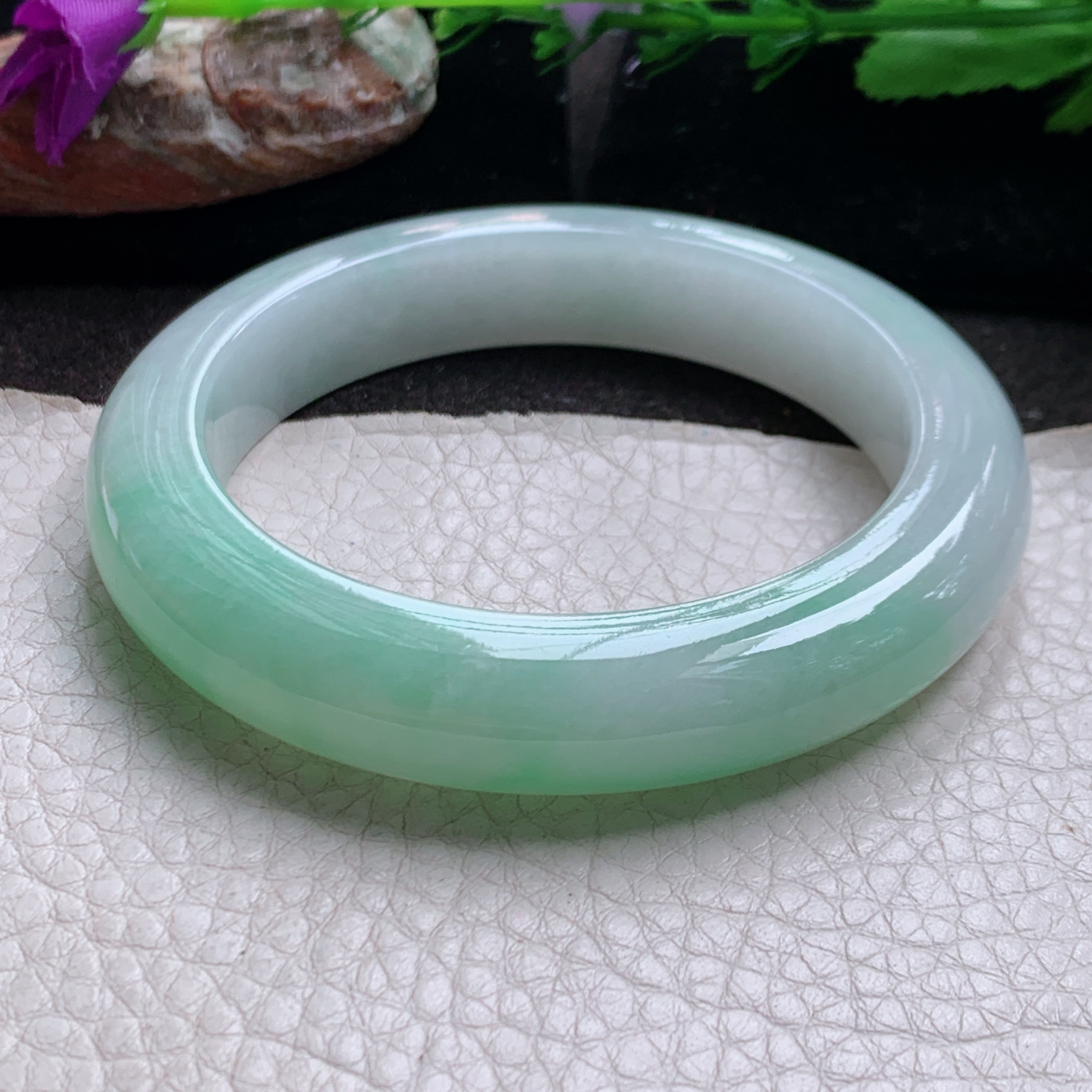 js自然光58*12.7*10.3招财镯 缅甸翡翠a货高品质半山水胶感宽边玉手镯