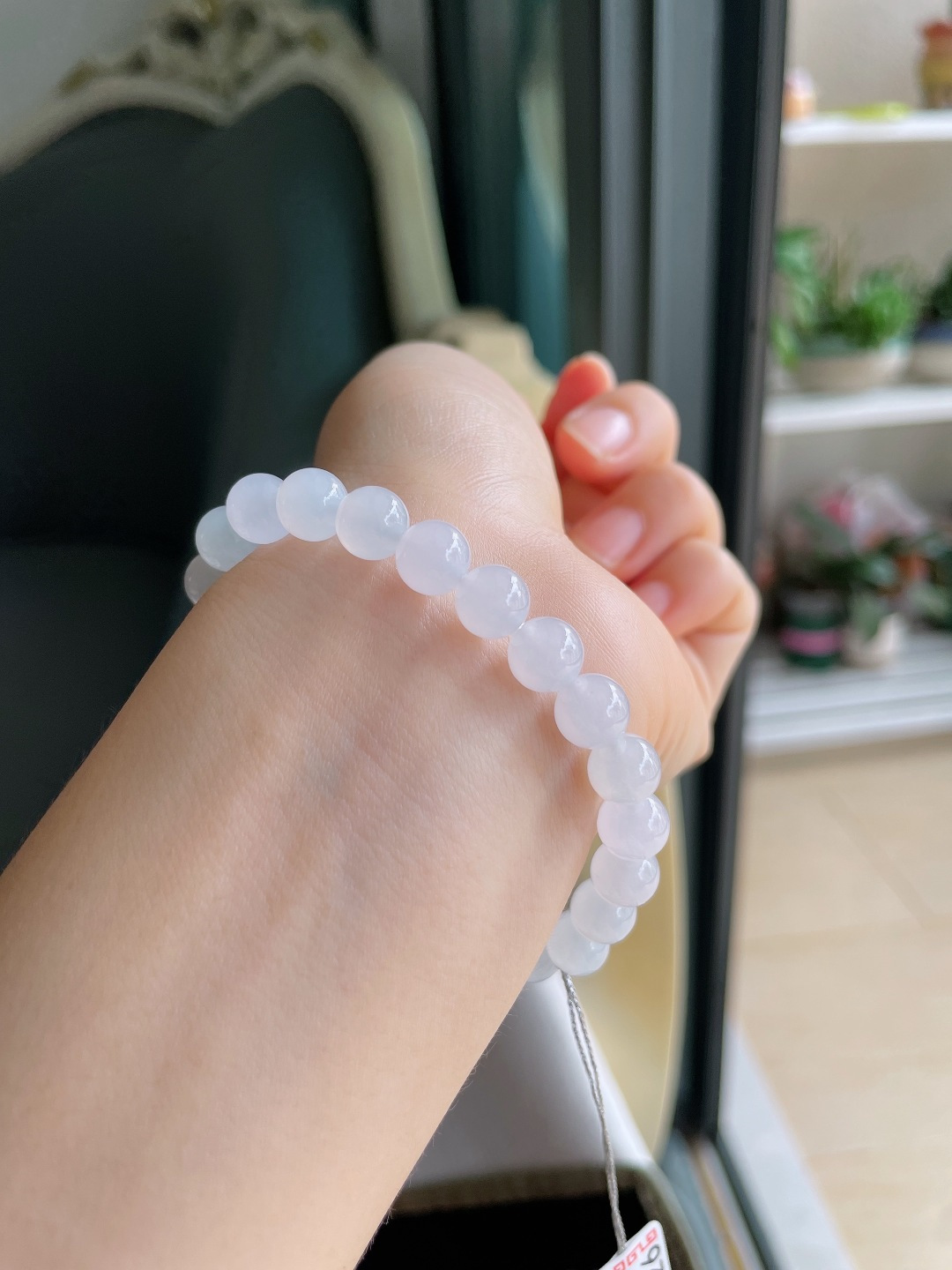 缅甸天然翡翠A货，白冰手串，尺寸：7.7mm。【编4345】