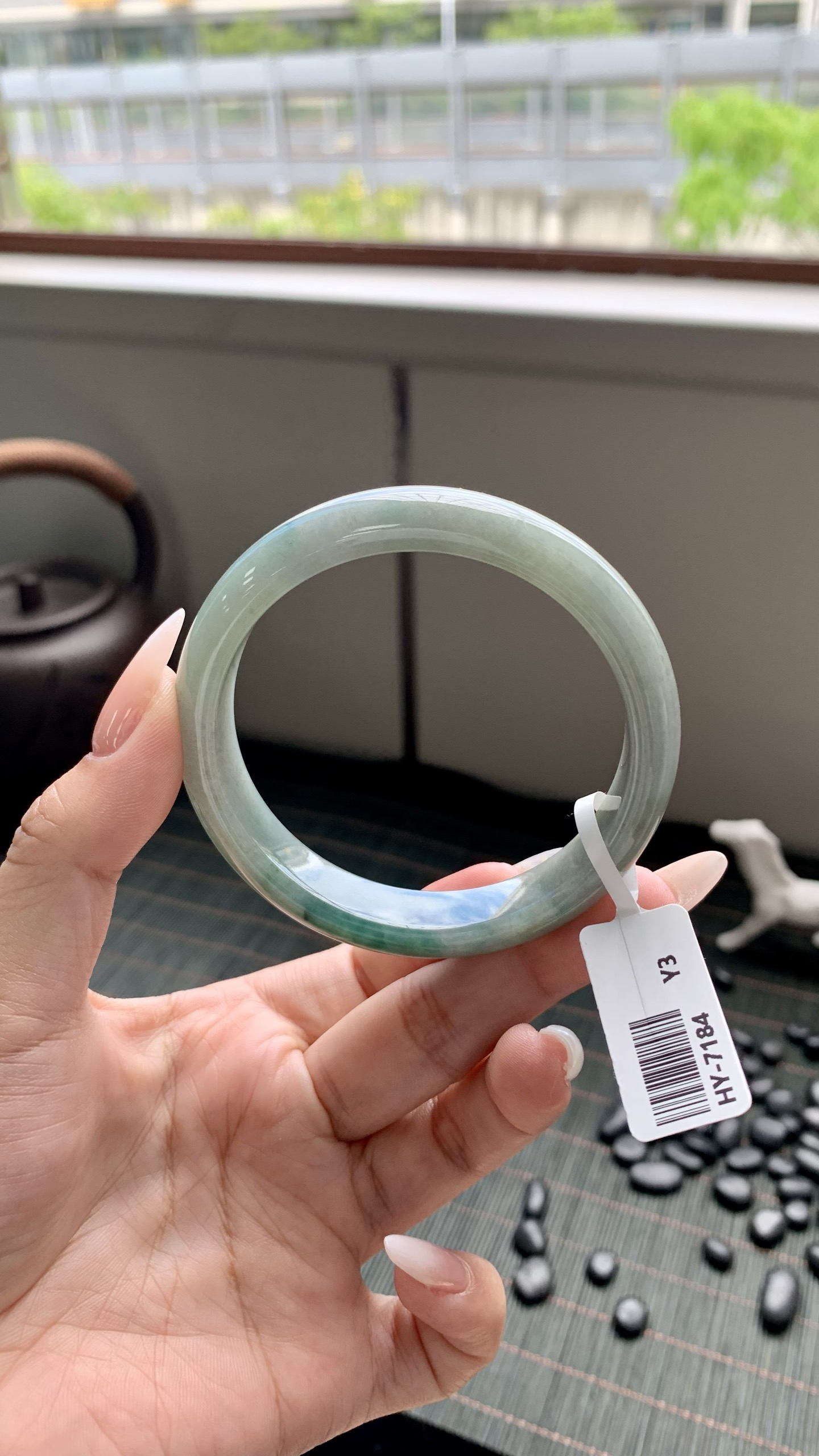 湖水绿飘花正圈成品 HY-7184 尺寸：56.5-12-7.5