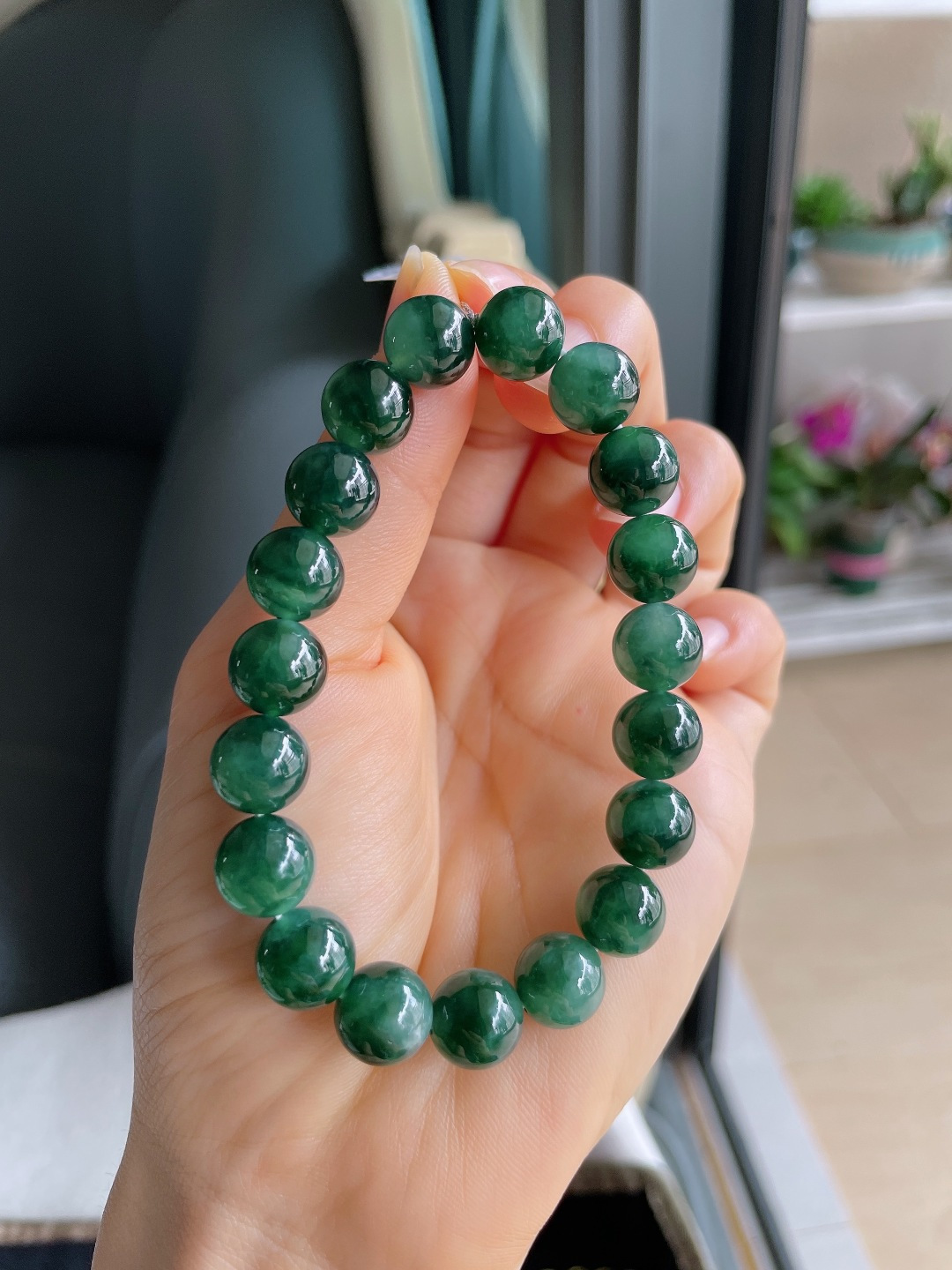 缅甸天然翡翠A货，冰飘花手链，尺寸：10mm。【编4193】