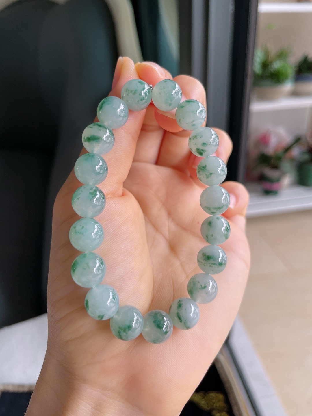 缅甸天然翡翠A货，冰飘花手链，尺寸：10mm。【编4287】