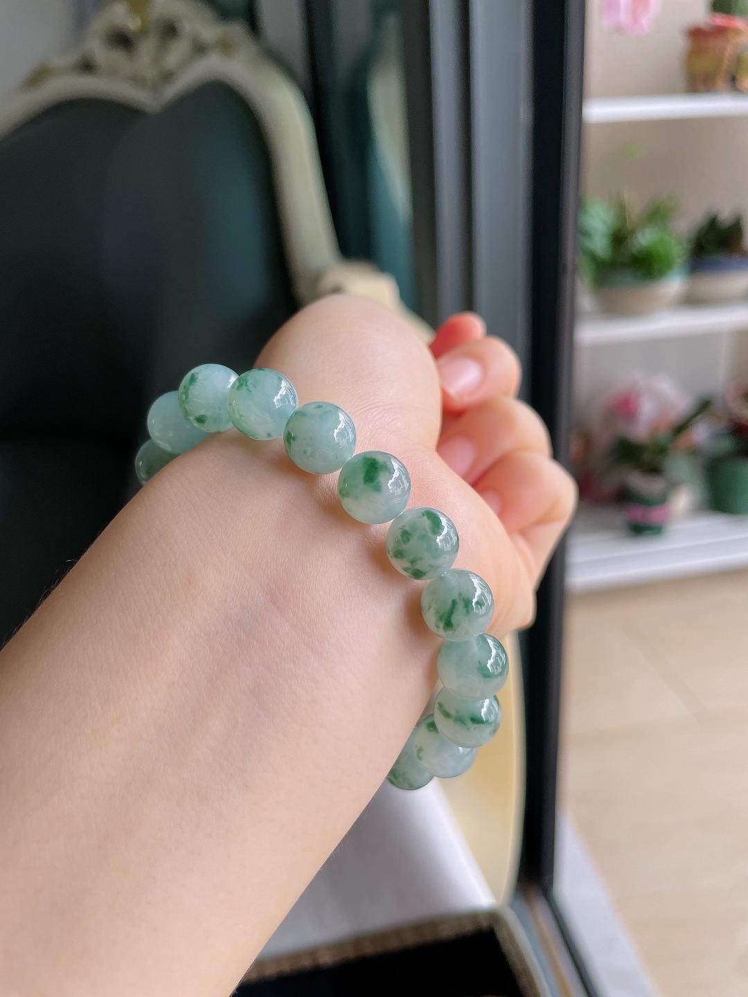 缅甸天然翡翠A货，冰飘花手链，尺寸：10mm。【编4287】