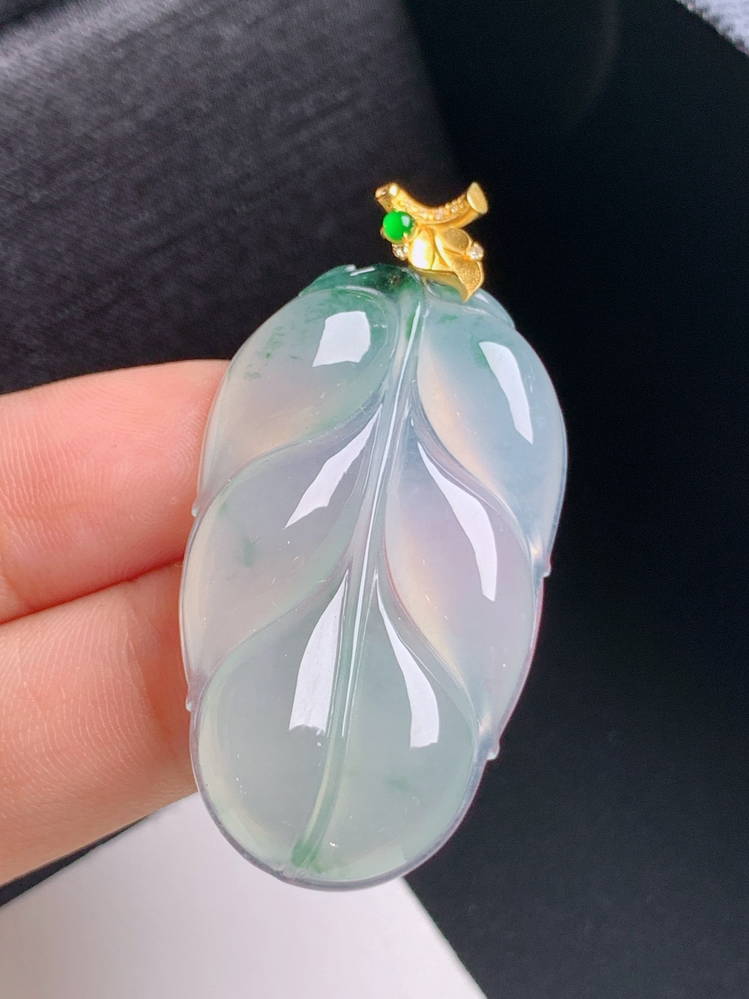 冰种飘花树叶吊坠，胶感十足，飘逸灵动，金枝玉叶，083108