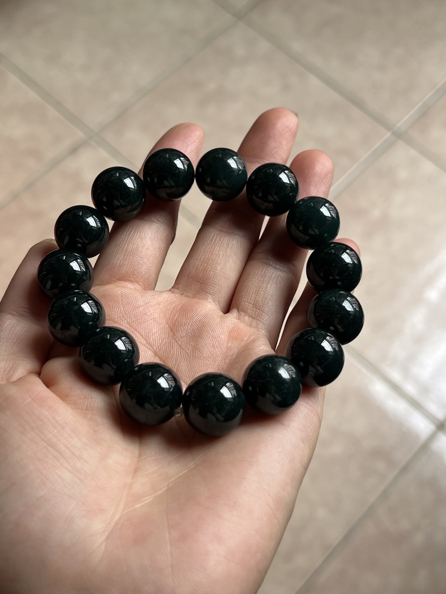 ️ 9.2 墨翠手链15mm 黑度一般 质地细腻 水头极好