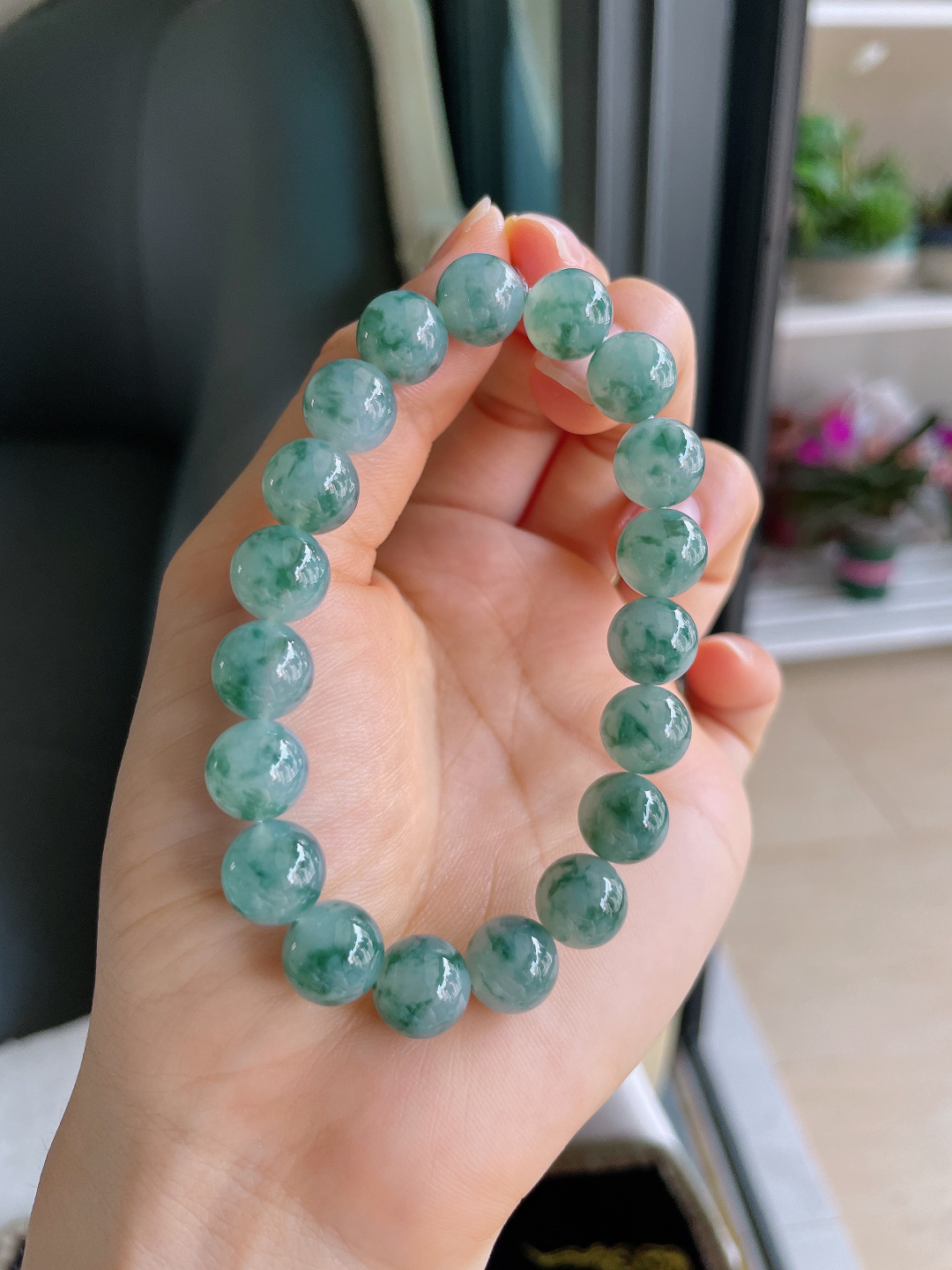 缅甸天然翡翠A货，冰飘花手链，尺寸：10mm。【编3113】