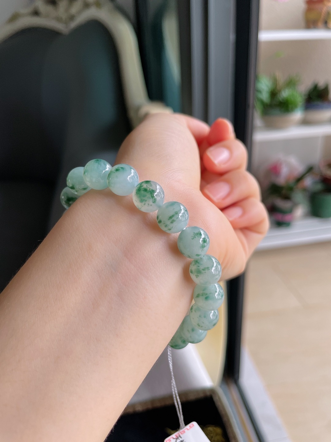 缅甸天然翡翠A货，冰飘花手链，尺寸：10mm。【编4287】
