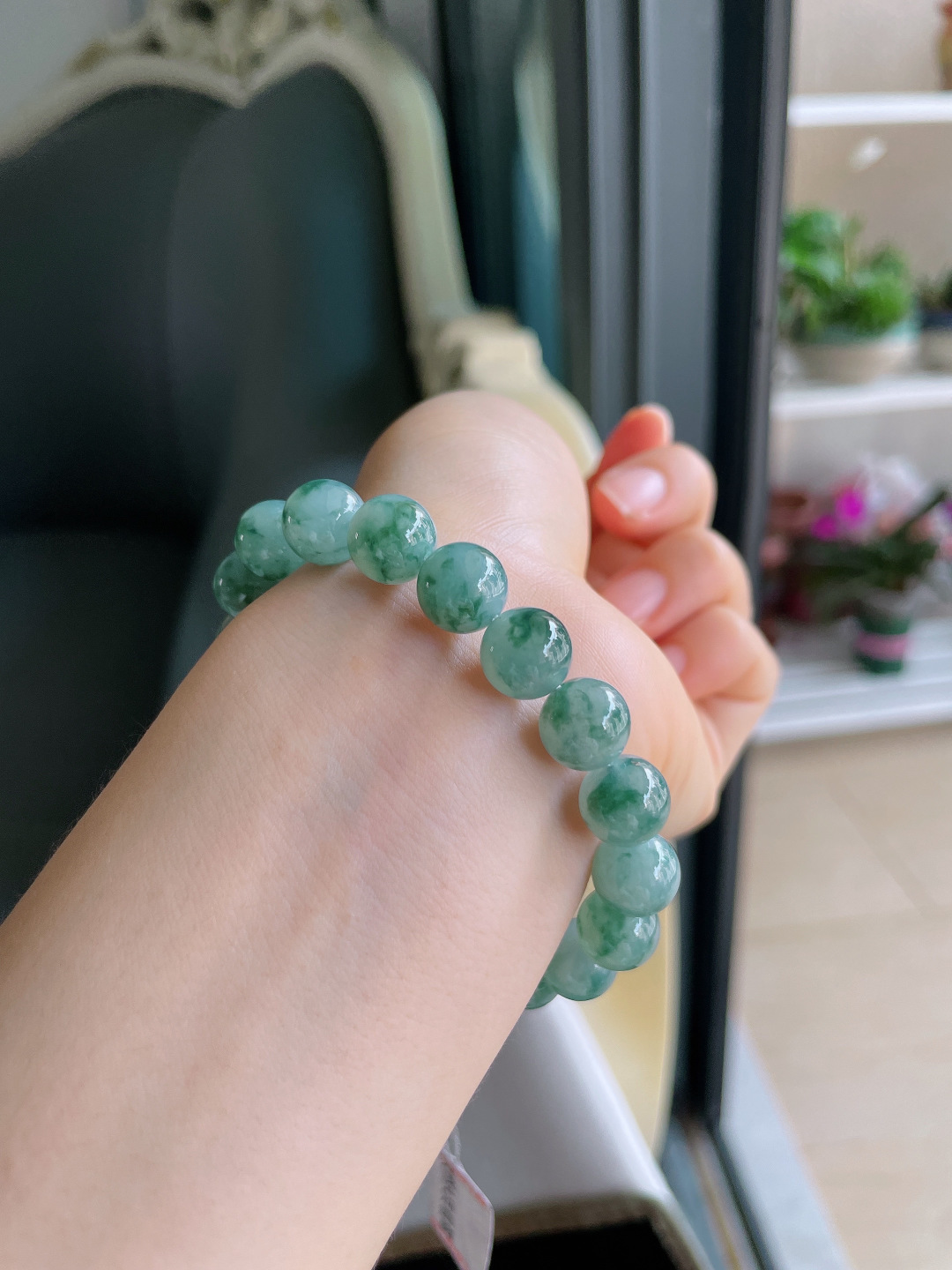 缅甸天然翡翠A货，冰飘花手链，尺寸：10mm。【编3113】