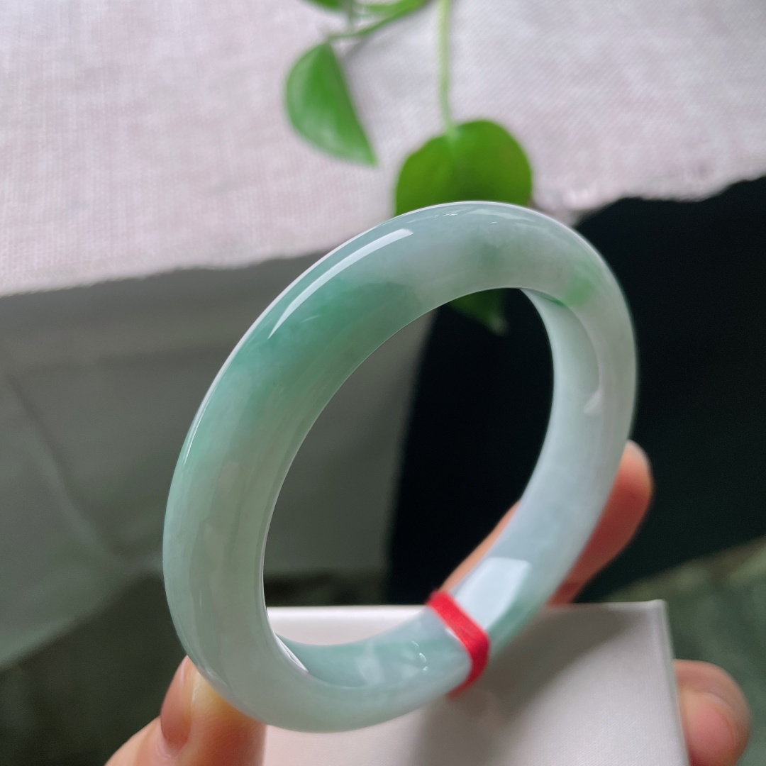 绿底正圈，一点皮纹，几抹翠色悠然晕染，似烟雨江南，远山含翠，一缕青绿漫过玉环，诗意藏于腕间。ss58199a