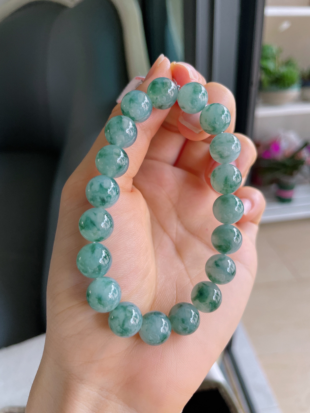 缅甸天然翡翠A货，冰飘花手链，尺寸：10mm。【编3113】