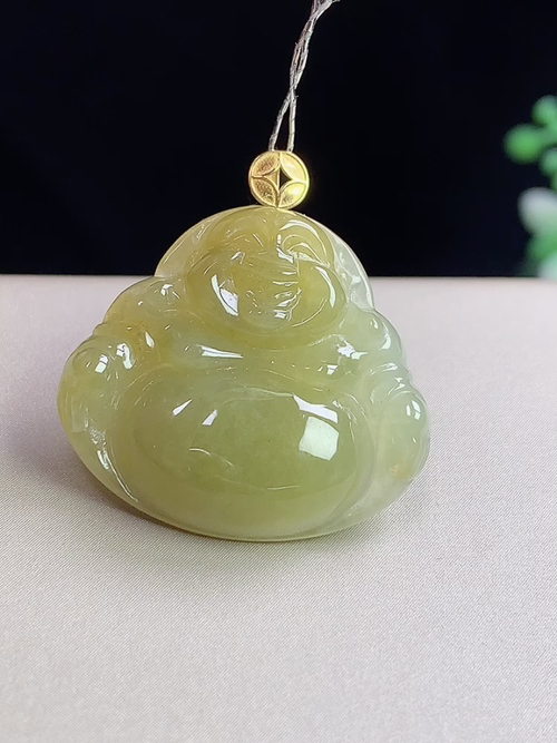 18k金镶黄翡佛公，无裂，尺寸21.7-24-5.3mm，J03dlh