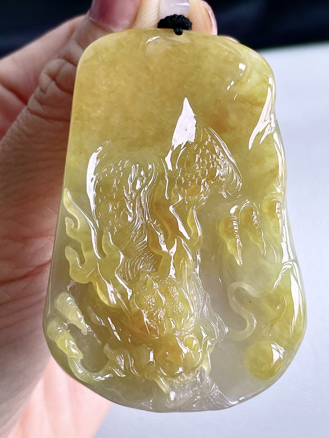 冰黄翡龙牌大龙牌吊坠，缅料，无裂，性比高，超厚，尺寸68-44-10.6，重量69克