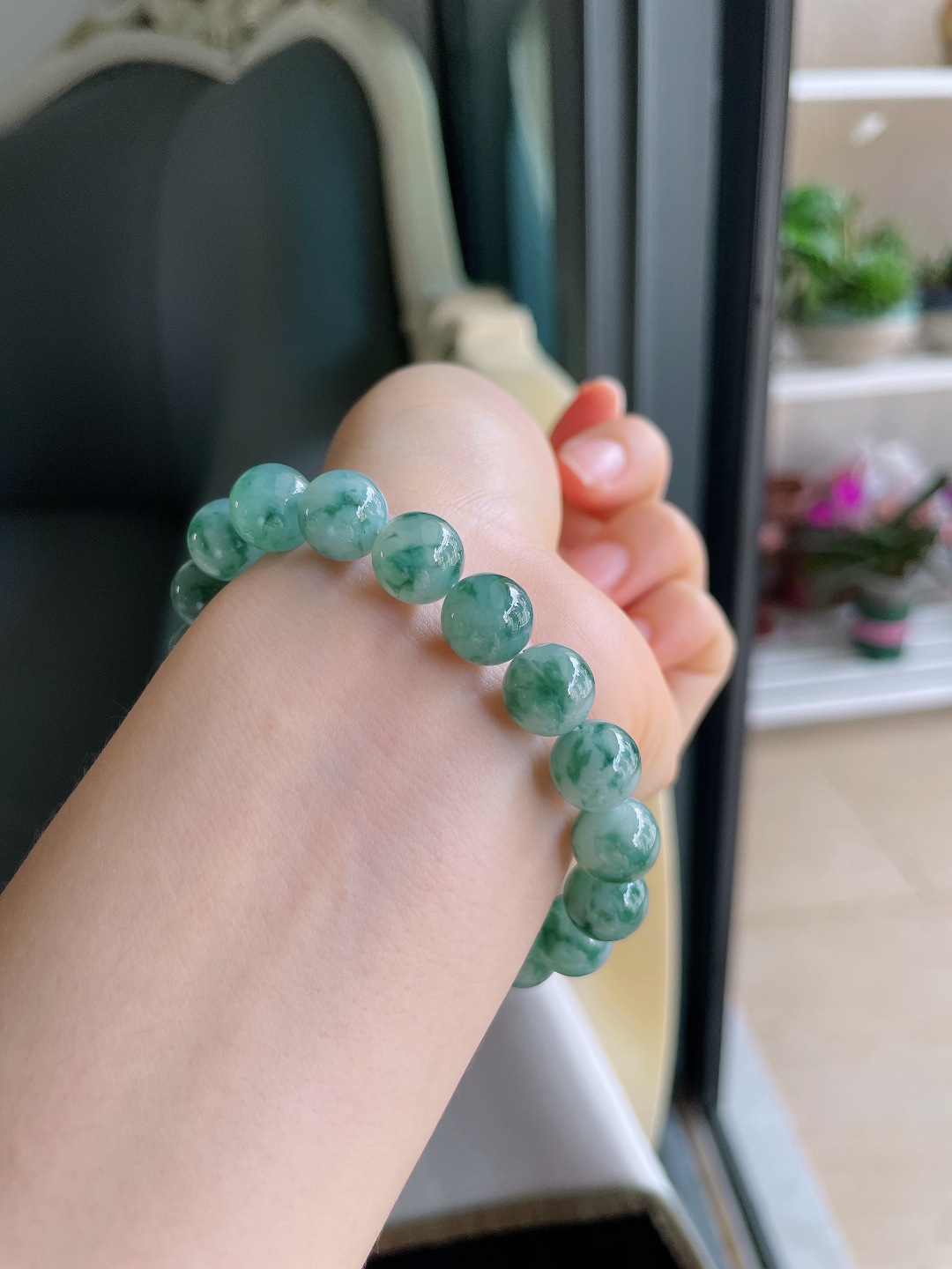 缅甸天然翡翠A货，冰飘花手链，尺寸：10mm。【编3113】