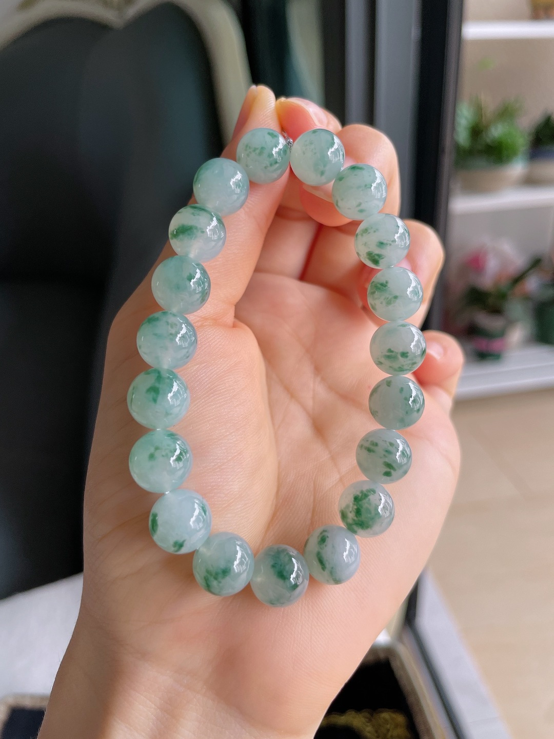 缅甸天然翡翠A货，冰飘花手链，尺寸：10mm。【编4287】