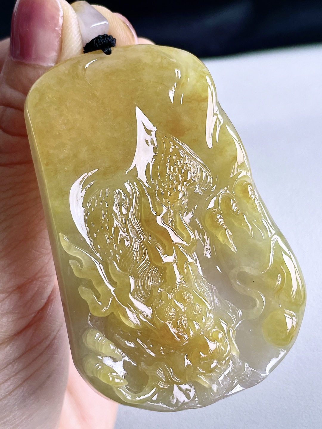 冰黄翡龙牌大龙牌吊坠，缅料，无裂，性比高，超厚，尺寸68-44-10.6，重量69克